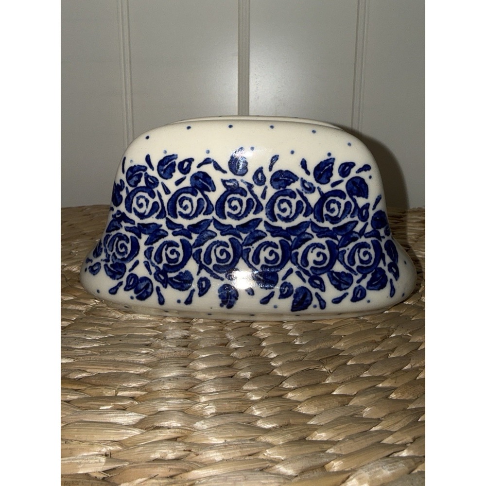 Polish Pottery Napkin Holder Blue White Hand Made Floral